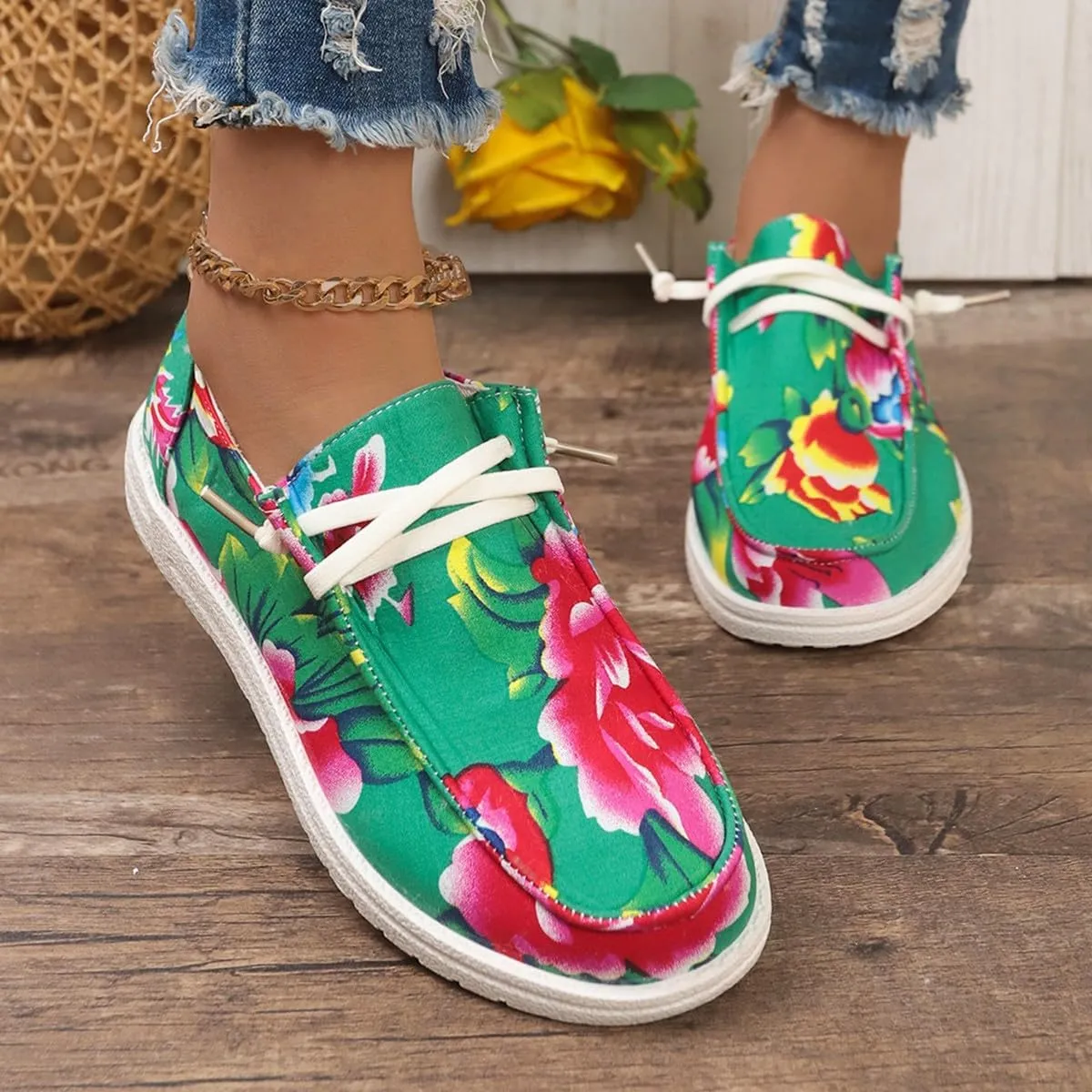 Canvas Sneakers for Women Slip-Ons Flats Ladies Loafers Men Comfort Lace Up Loafers Shoes Foam Flat Shoes Lace-Up Slip On Women Comfortable Print Sneakers