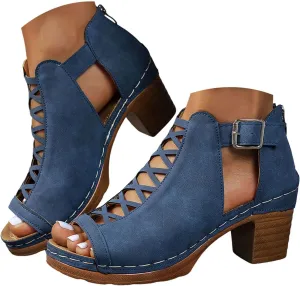 Chunky Heeled Sandals for Womens Bohemian Cutout Open Toe Summer Block Heels Party Sandals with Adjustable Ankle Buckle Comfortable Walking Back Zipper Gladiator Dress Summer Shoes