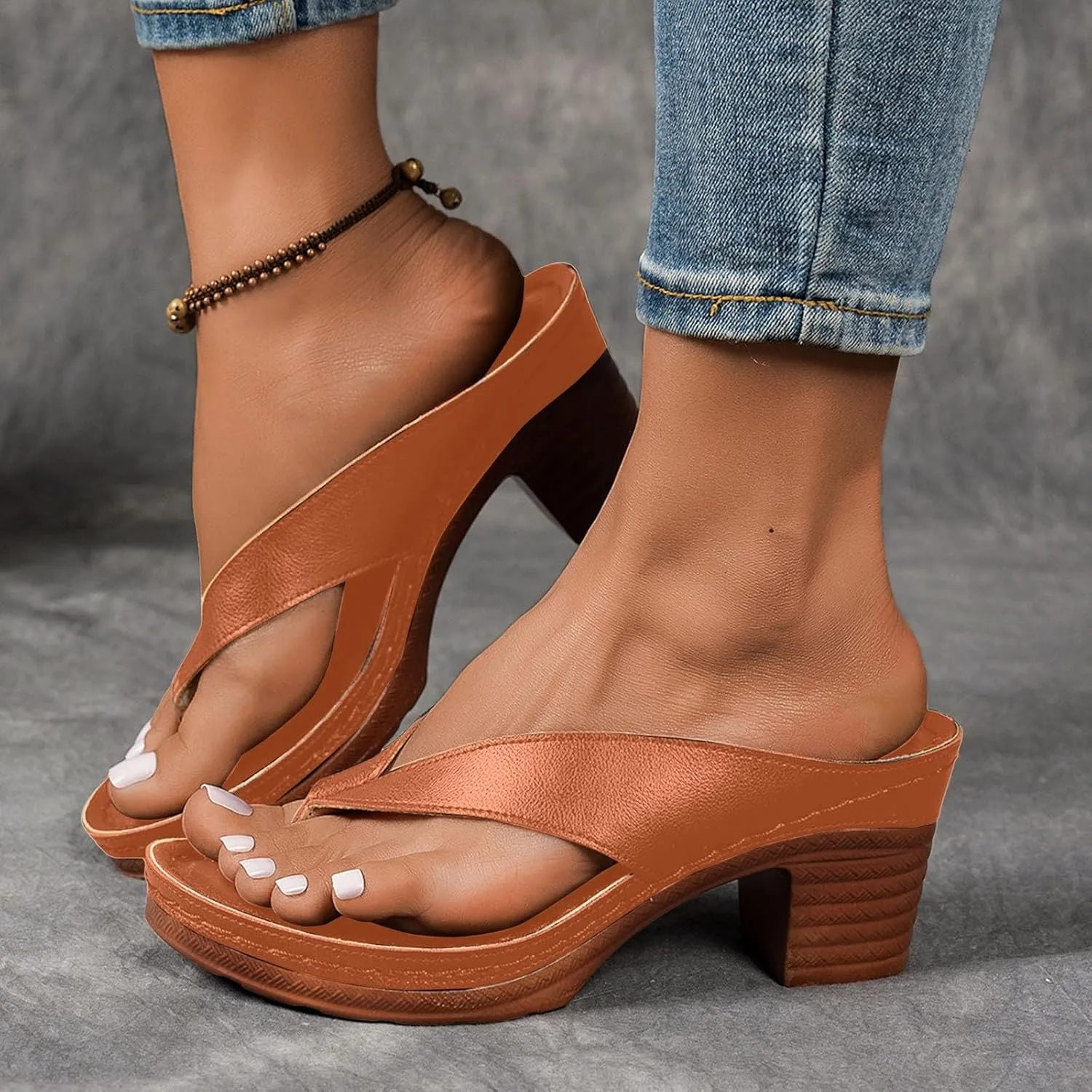 Heeled Sandals for Women Flip Flops Slip On Open Toe Chunky Heel Thong Slide 2025 Women's Summer Dressy Block Heel Fashion Dress Comfortable Bridal Party Wedding Shoes Casual Mules