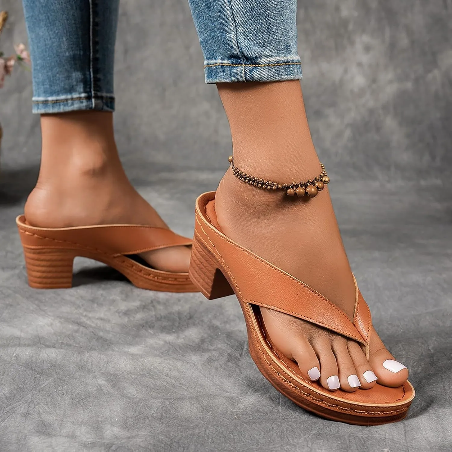 Heeled Sandals for Women Flip Flops Slip On Open Toe Chunky Heel Thong Slide 2025 Women's Summer Dressy Block Heel Fashion Dress Comfortable Bridal Party Wedding Shoes Casual Mules