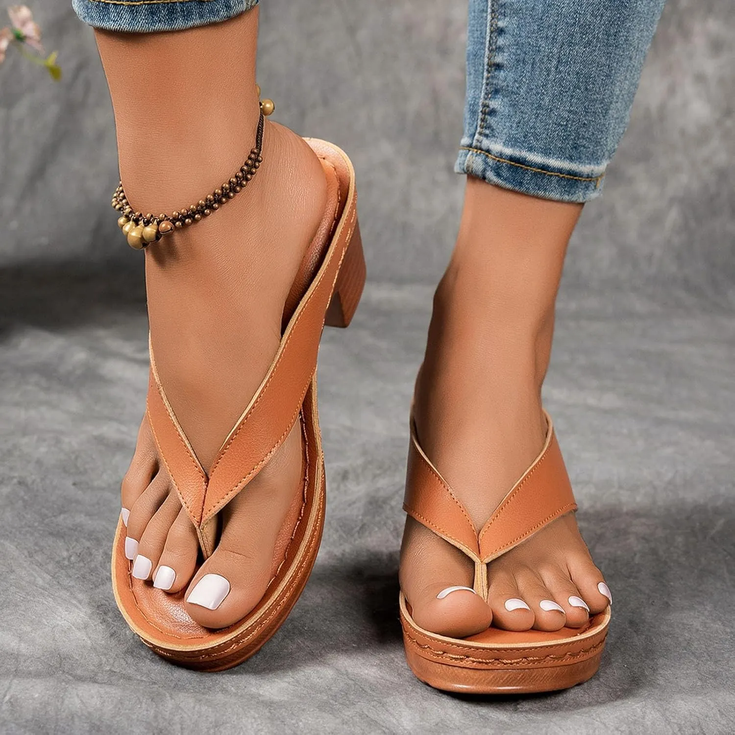 Heeled Sandals for Women Flip Flops Slip On Open Toe Chunky Heel Thong Slide 2025 Women's Summer Dressy Block Heel Fashion Dress Comfortable Bridal Party Wedding Shoes Casual Mules