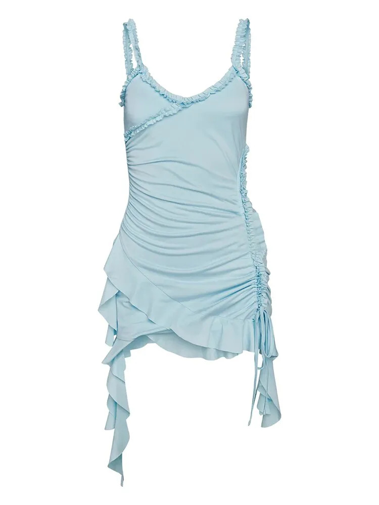 Joskaa hoco dresses Backless Ruffles Drawstring Women Dress Blue Spaghetti Strap Ruched Dress Female Summer Skinny Elegant Party Club