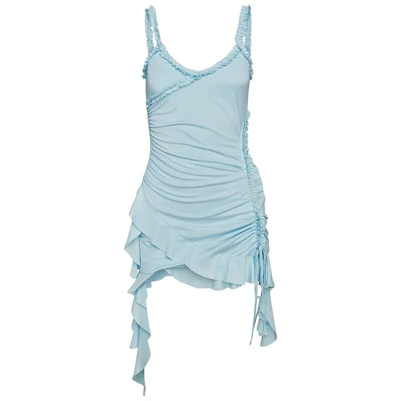 Joskaa hoco dresses Backless Ruffles Drawstring Women Dress Blue Spaghetti Strap Ruched Dress Female Summer Skinny Elegant Party Club