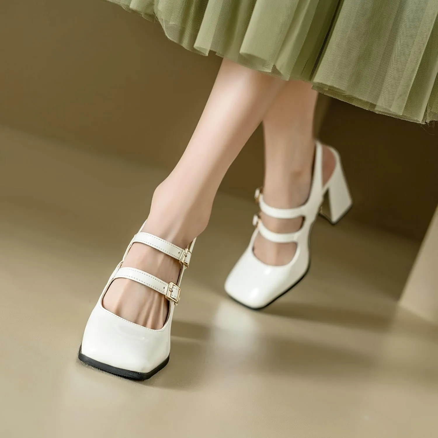 KiutSymo Chunky Heels for Women Mary Janes Pumps Slingback Ankle Strap High Heels Square Toe Dress Shoes Bridal Wedding Evening Party