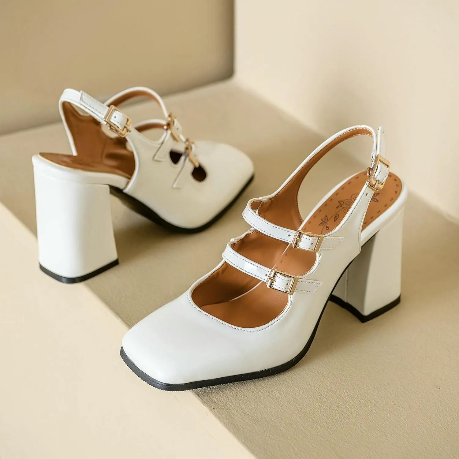 KiutSymo Chunky Heels for Women Mary Janes Pumps Slingback Ankle Strap High Heels Square Toe Dress Shoes Bridal Wedding Evening Party