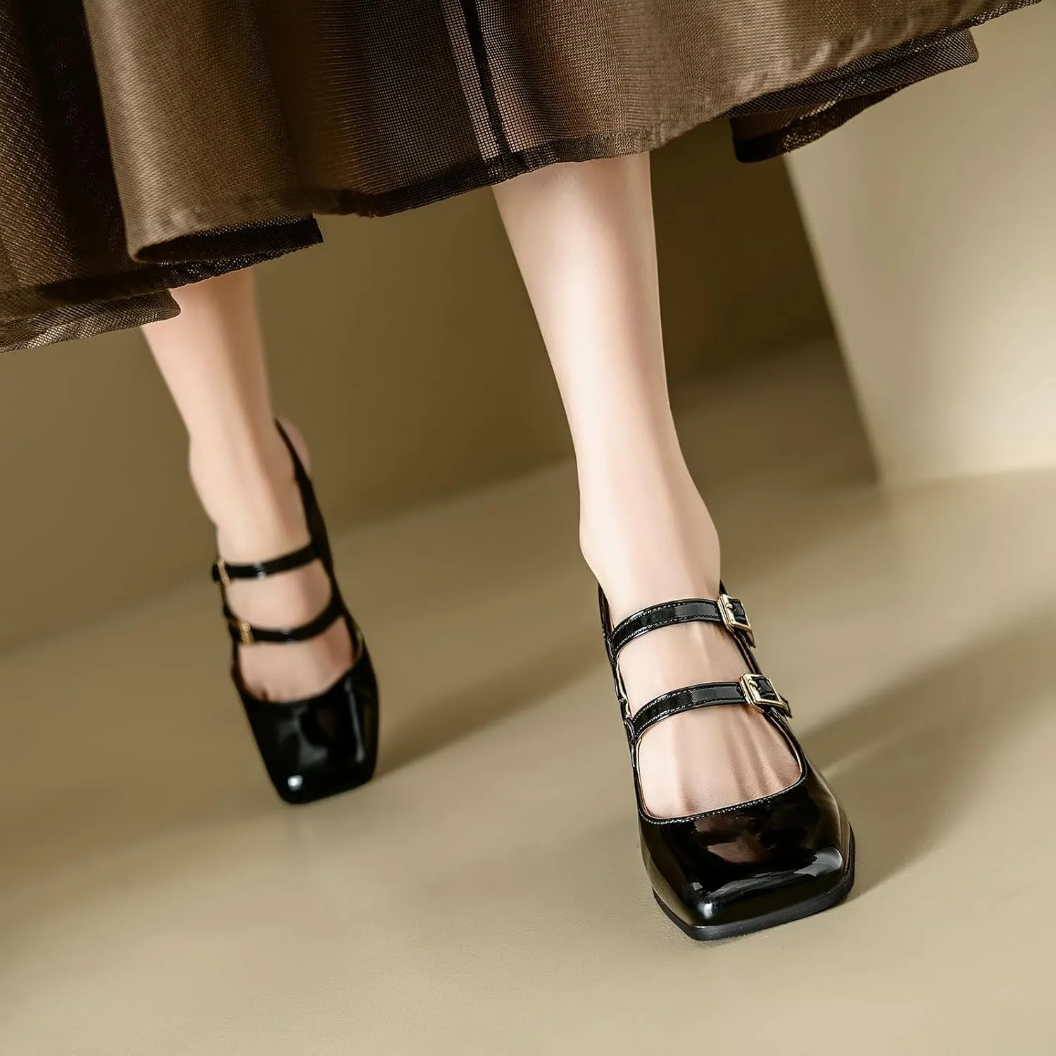 KiutSymo Chunky Heels for Women Mary Janes Pumps Slingback Ankle Strap High Heels Square Toe Dress Shoes Bridal Wedding Evening Party