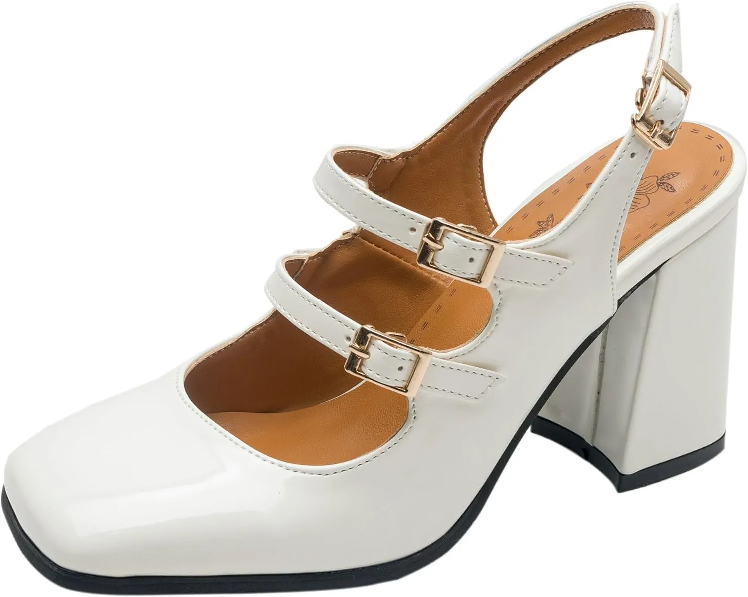 KiutSymo Chunky Heels for Women Mary Janes Pumps Slingback Ankle Strap High Heels Square Toe Dress Shoes Bridal Wedding Evening Party