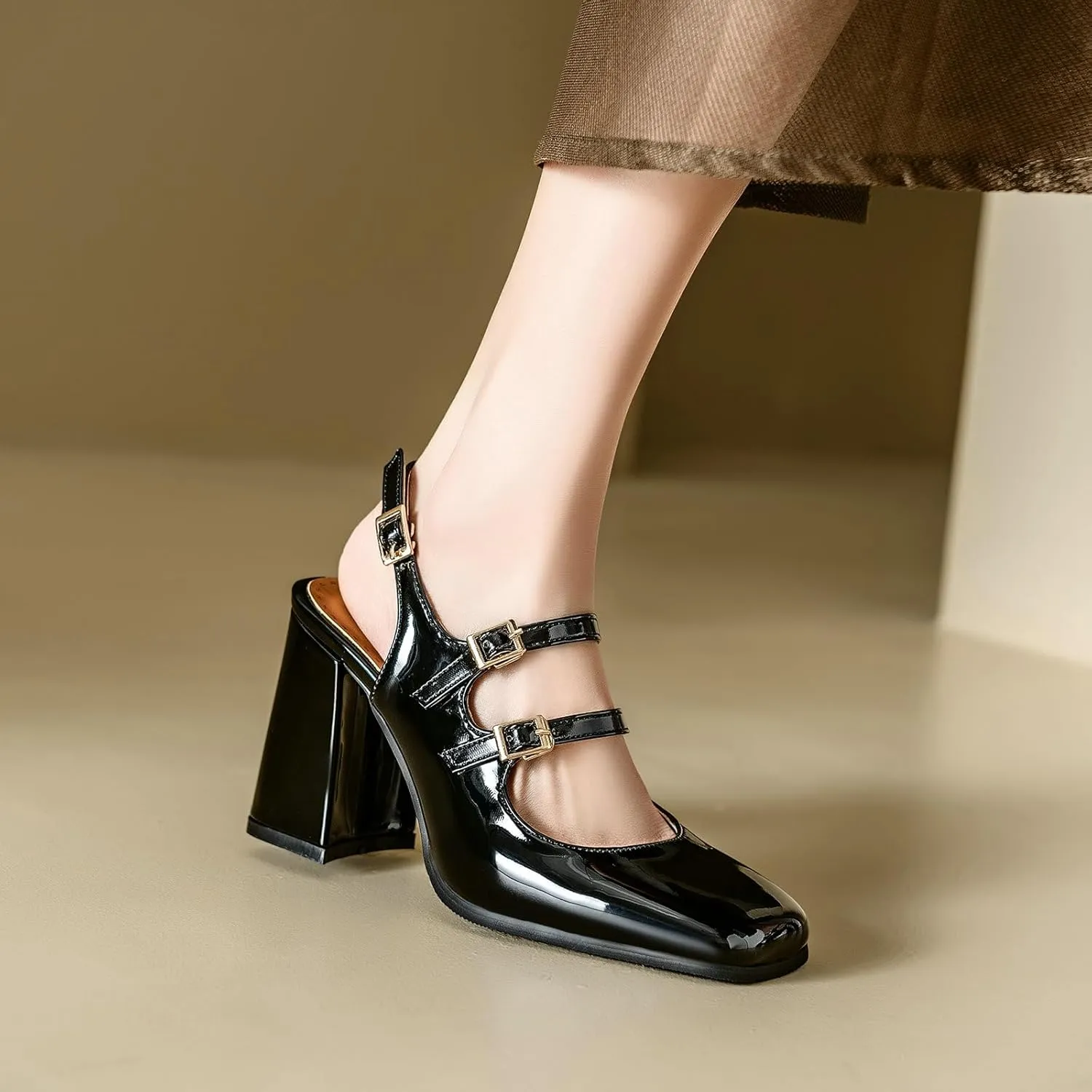 KiutSymo Chunky Heels for Women Mary Janes Pumps Slingback Ankle Strap High Heels Square Toe Dress Shoes Bridal Wedding Evening Party