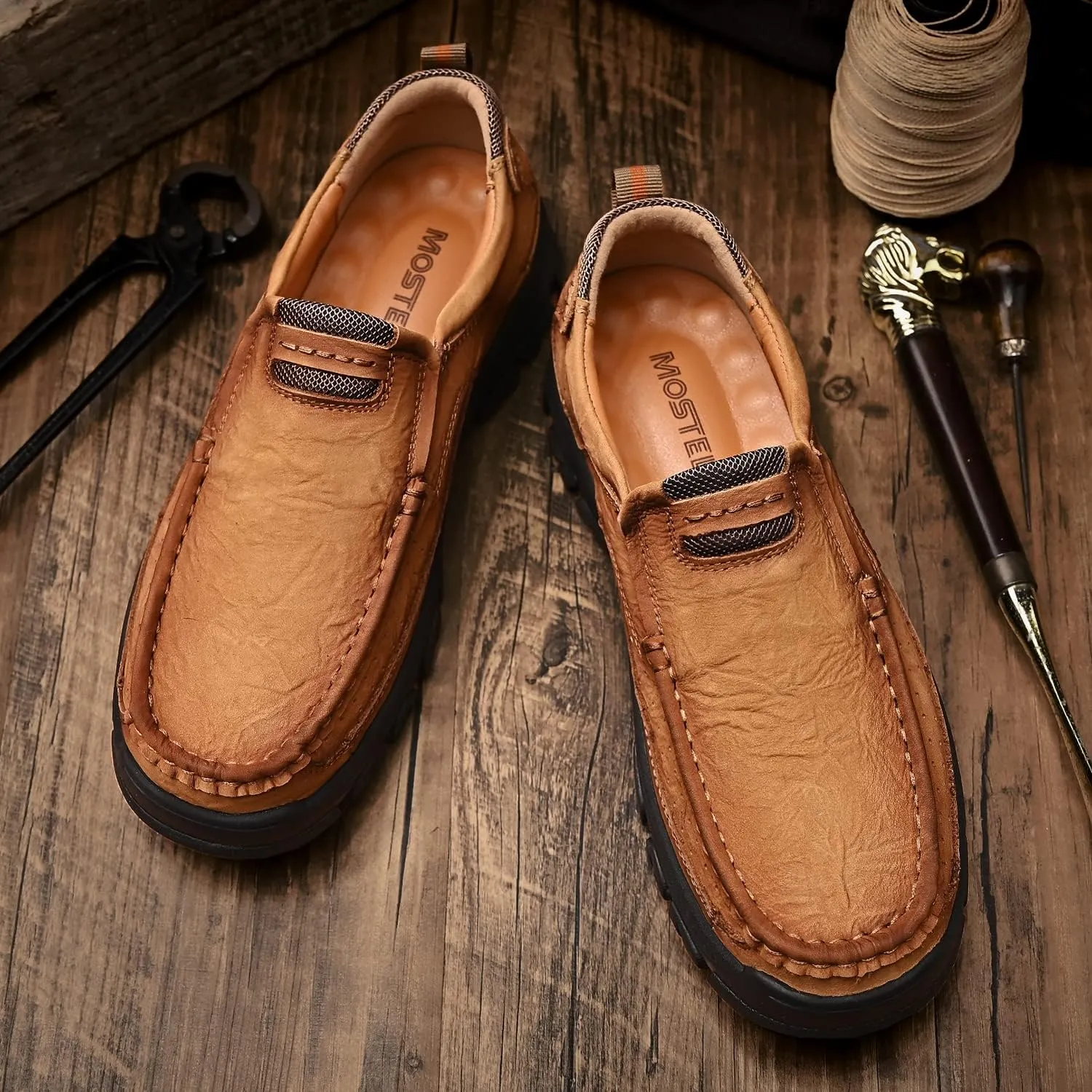 Mens Slip On Casual Loafers Classic Outdoor Leather Walking Hiking Shoes Comfortable for Work Office Dress Outdoor