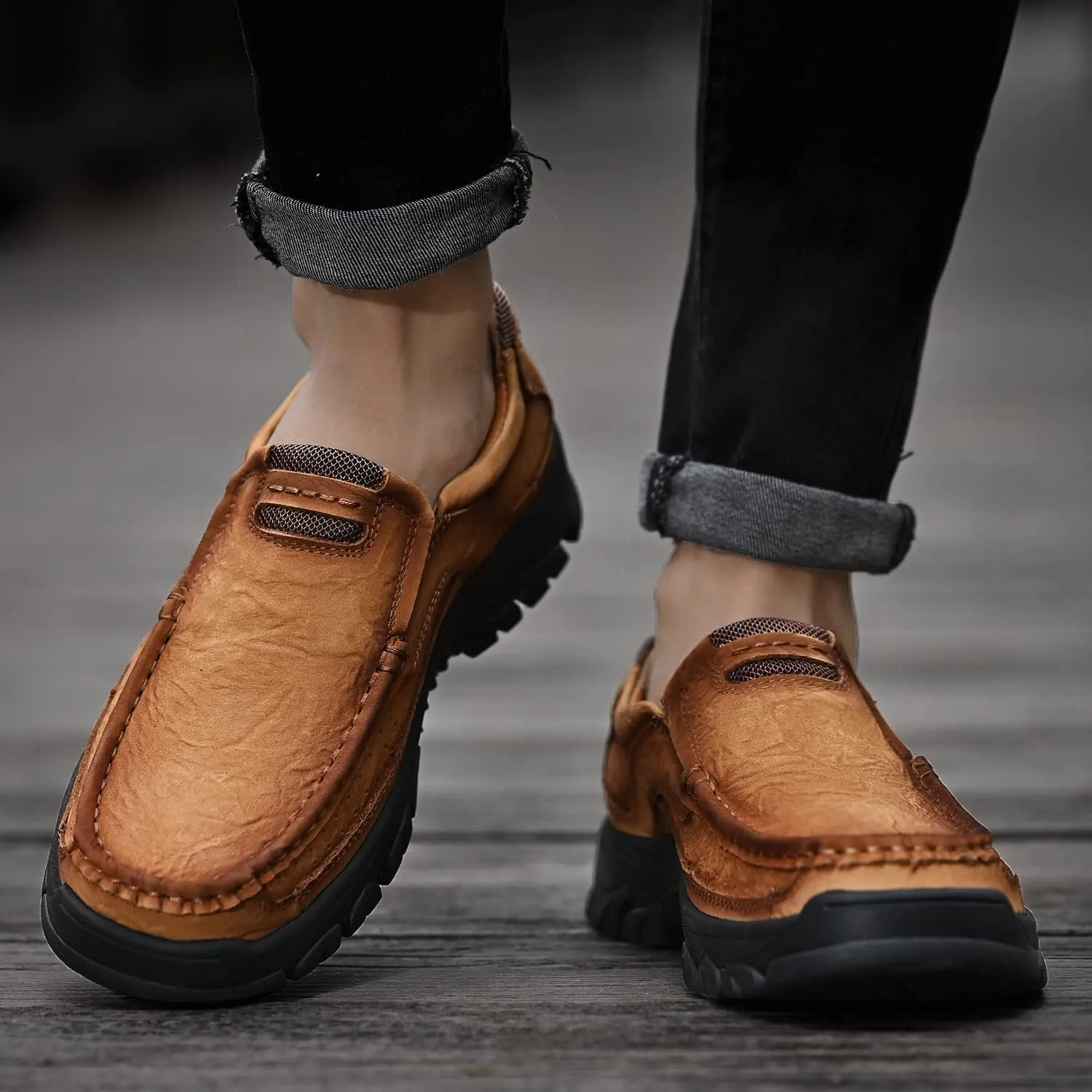 Mens Slip On Casual Loafers Classic Outdoor Leather Walking Hiking Shoes Comfortable for Work Office Dress Outdoor