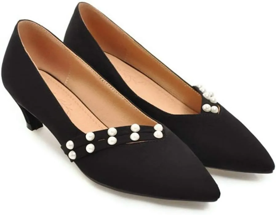 MIOKE Women's Pointed Toe Comfort Kitten Low Heels Pumps Fashion Pearls Suede Slip On Elegant Dress Shoes