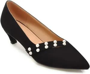 MIOKE Women's Pointed Toe Comfort Kitten Low Heels Pumps Fashion Pearls Suede Slip On Elegant Dress Shoes