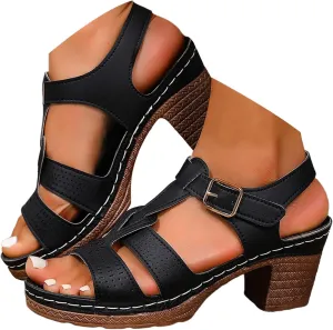 Platform Strappy Block Heel Sandals for Women Comfortable Open Toe Chunky High Heeled Sandals with Buckle Ankle Strap Cut-Out Leather Summer Dressy Party Ladies Dress Shoes