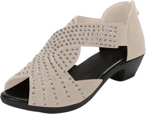 Sandals for Women Dressy Summer Low Heel Slides Sandals Breathable Fish Mouth Back Zipper Sandal Ladies Fashionable Rhinestone Bling Espadrilles Shoes