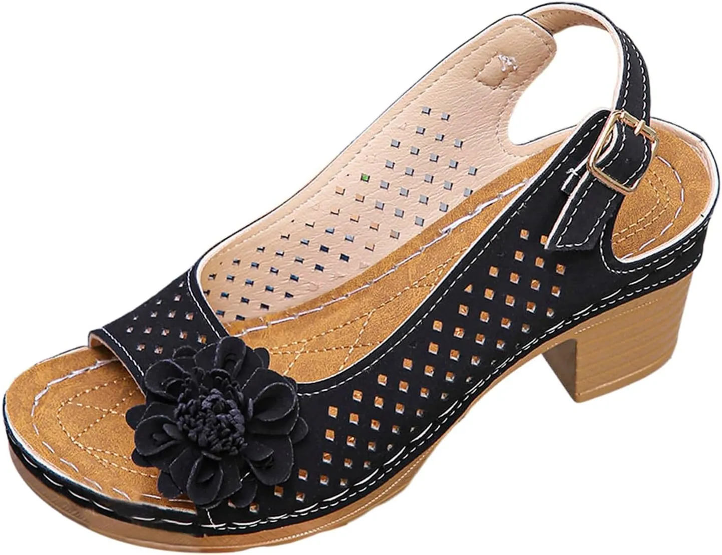 Summer Sandals for Women Open Toe Ankle Strap Chunky High Heels Sandals Peep Flowers Hollow Out Sandal Chunky Block Dress Adjustable Strappy Shoes Lightweight Platform Wedge Fashion Footwear