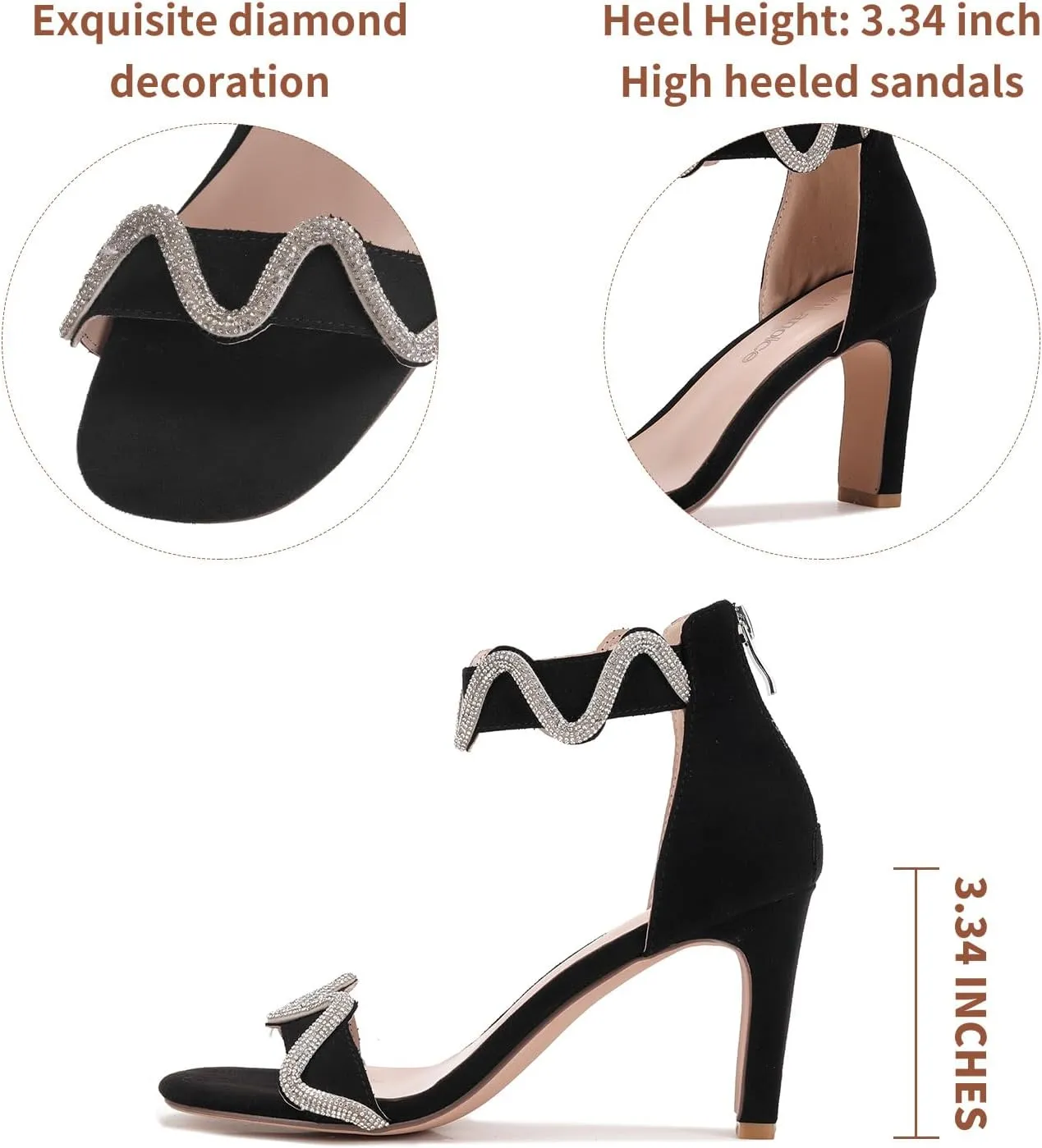 Women's Bow Tie Rhinestone Chunky High Heeled Sandals Square Toe Party Dress Wedding Shoes Suede Ankle Strap Pump Sandals