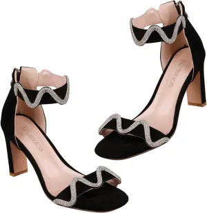 Women's Bow Tie Rhinestone Chunky High Heeled Sandals Square Toe Party Dress Wedding Shoes Suede Ankle Strap Pump Sandals