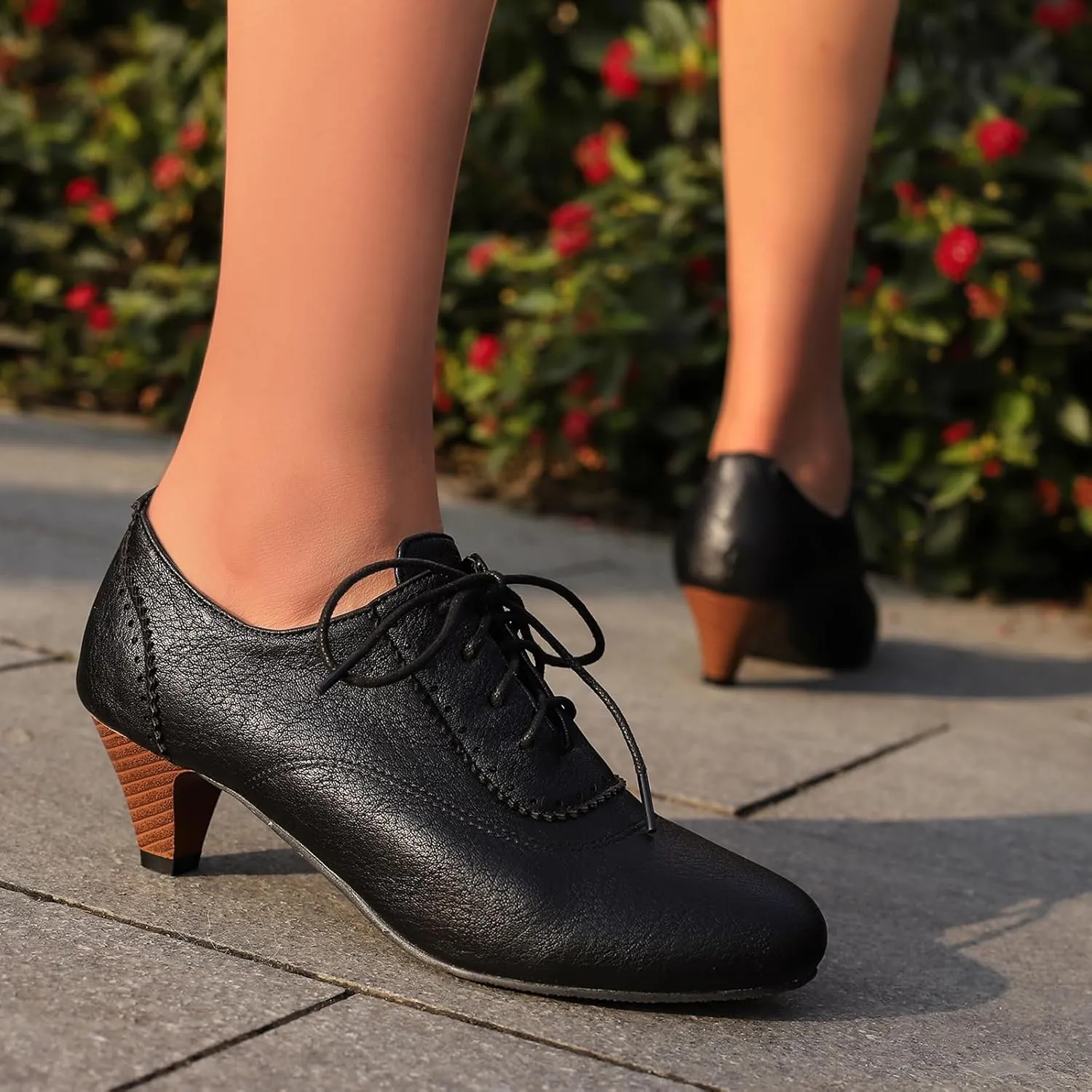Women's Brown Classic Leather Stacked Heel Dress Mary Jane Round Toe Elegant Office Pumps